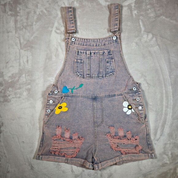 Misslook Denim Short Overalls Size M Blue Pink Wash Floral Detail - Picture 1 of 7